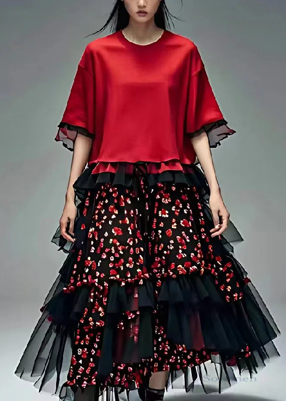 Limited Time draped dressWomen Red O-Neck Tulle Patchwork Chiffon Maxi Dress Summer Limited Time draped dressWomen Red O-Neck Tulle Patchwork Chiffon Maxi Dress Summer