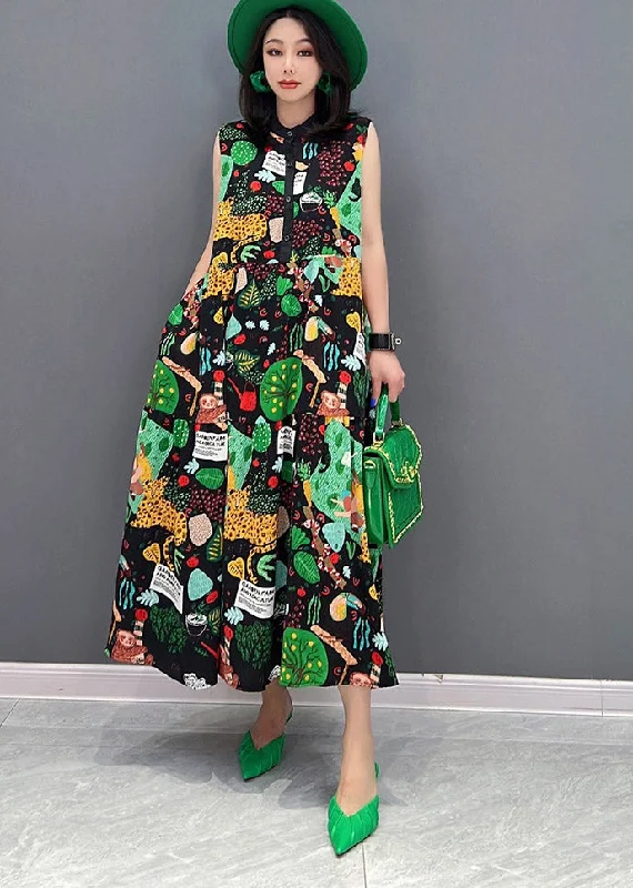 Overstock trendy mini dressBeautiful O-Neck Print Button Pockets Long Dress Sleeveless