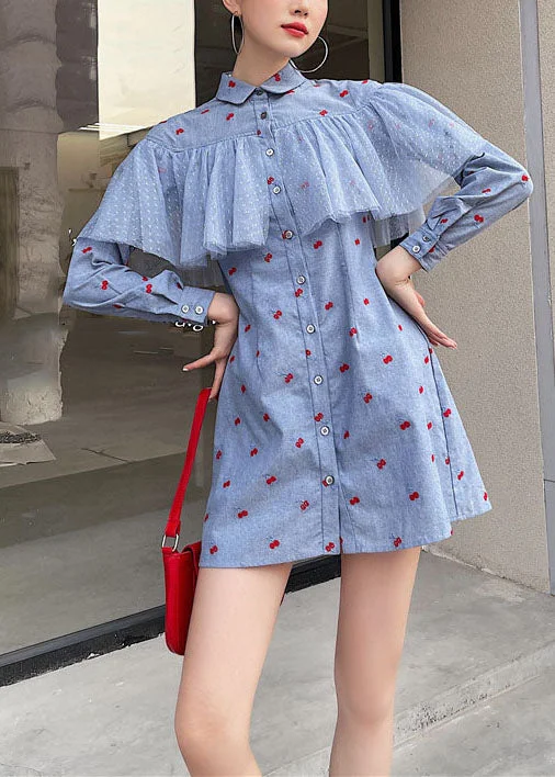 trendy wrap dressFine Blue Tulle Patchwork Print Cotton Shift Dresses Spring