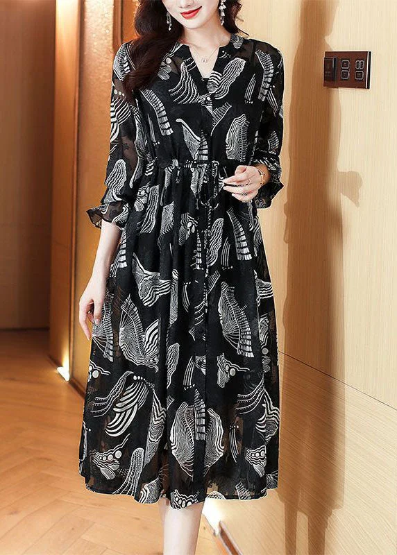 Deal Dash ashionable dressCasual Black V Neck Tie Waist Print Chiffon Holiday Dress Spring