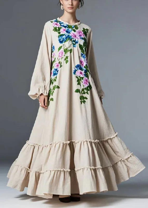 casual evening dressNatural Beige Ruffled Floral Exra Large Hem Cotton Maxi Dresses Spring