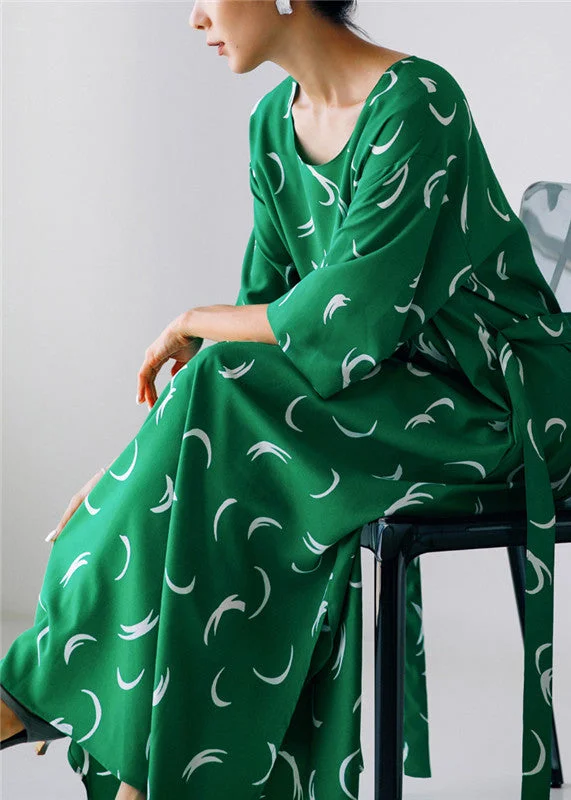 Great Deals flowy maxi dressOrganic Green O-Neck Print Silk Maxi Dress Long Sleeve