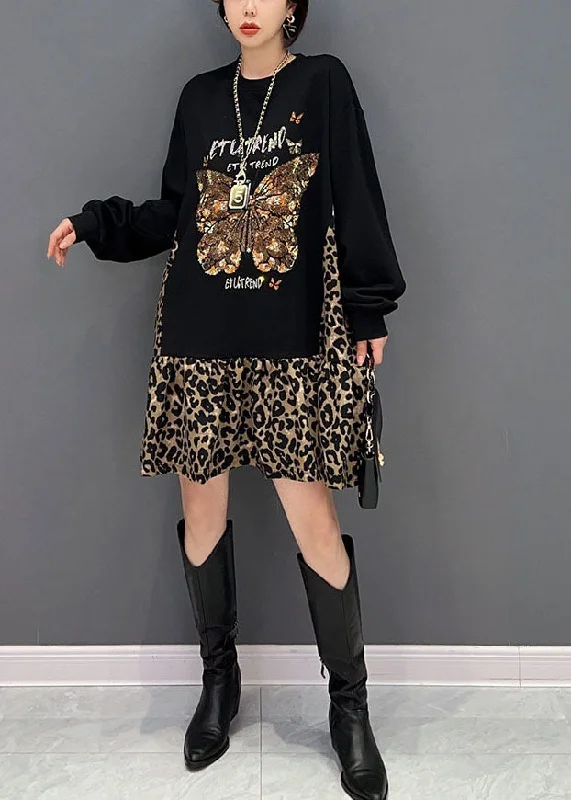 bohemian dressStyle Black Oversized Patchwork Leopard Cotton Sweatshirt Dress Spring