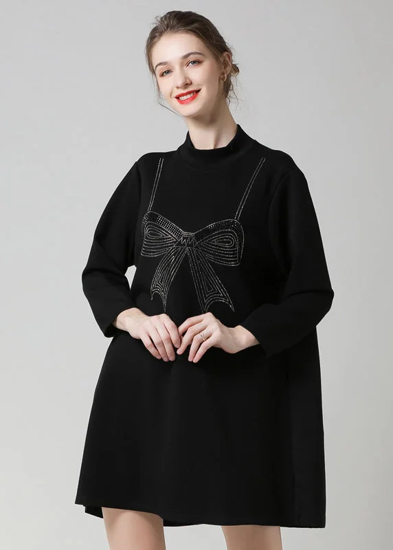 casual midi dressModern Black High Neck Ruffled Patchwork Bow Cotton Robe Dresses Spring