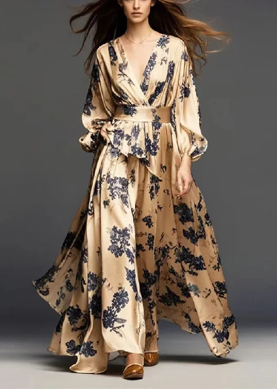 classic fit-and-flare dressModern Golden Cinched Print Silk Dress Spring