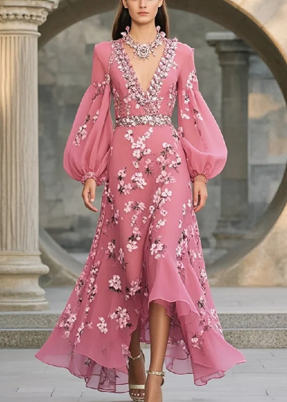 Year-End Sale vintage-inspired dressStyle Rose V Neck Print Chiffon Long Dresses Lantern Sleeve