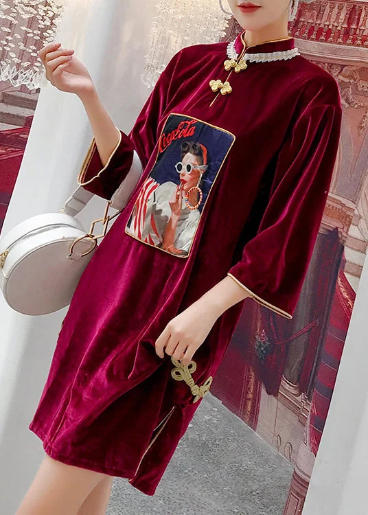 casual evening dressRetro Red Stand Collar Print Side Open Velour Mid Dress Spring