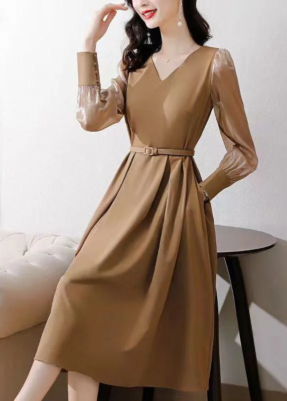 Savings Galore trendy wrap dressKhaki Patchwork Spandex A Line Dresses Cinched Spring