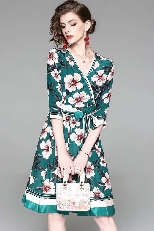 casual summer dressV Neck Floral Silk Dress