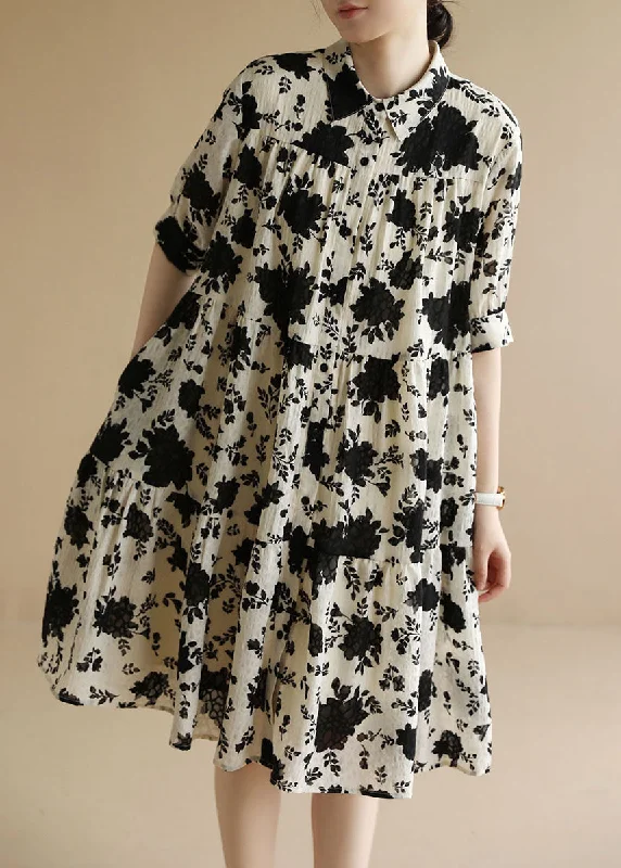 t-shirt dressClassy Beige Peter Pan Collar Wrinkled Black Floral Party Dress Short Sleeve