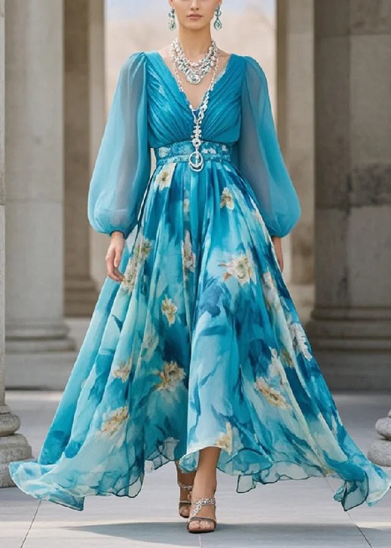 Limited Time Discount flowy evening dressSea Blue Print Chiffon Party Dress Cinched Exra Large Hem Fall