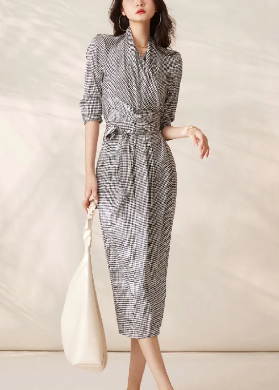 Crazy Deals long sleeve dressSexy Grey V Neck Plaid Tie Waist Chiffon Dresses Long Sleeve