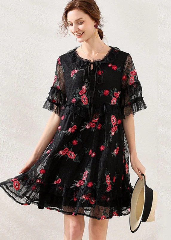 spaghetti strap dressWomen Black Embroideried Patchwork Lace Mid Dress Short Sleeve