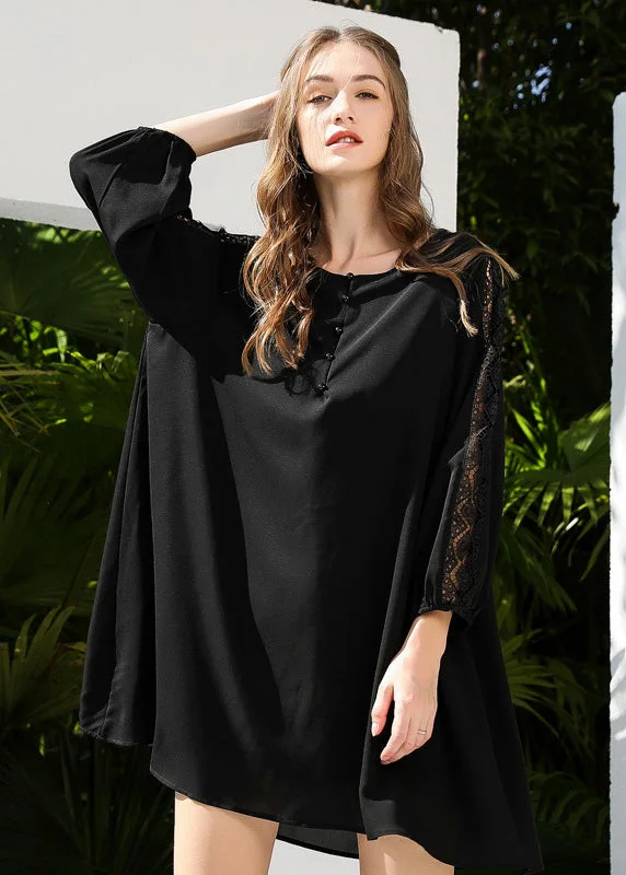 knit dressFrench Black Oversized Patchwork Lace Chiffon Dresses Bracelet Sleeve