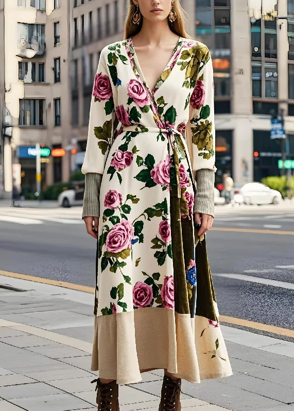 sophisticated dressBoho Apricot Floral Tie Waist Silk Velvet Long Dresses Spring