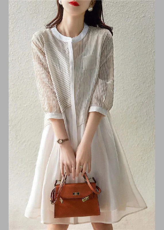 winter dressWomen Beige O-Neck Striped Pockets Fake Two Pieces Tulle Dresses Long Sleeve