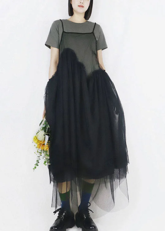 Great Deals floral wrap dressArt Black Asymmetrical Design Tulle Spaghetti Strap Long Dresses Smock Summer