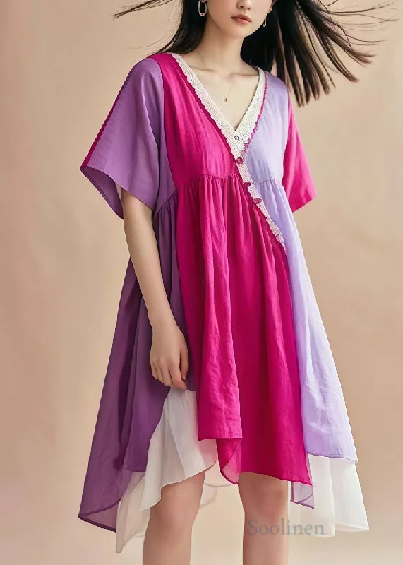 puff sleeve dressItalian Lavender V Neck Patchwork Cotton Mid Dress Summer