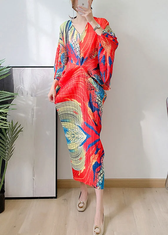 Final Markdown silk dressNatural Red V Neck Print Holiday Dress Batwing Sleeve