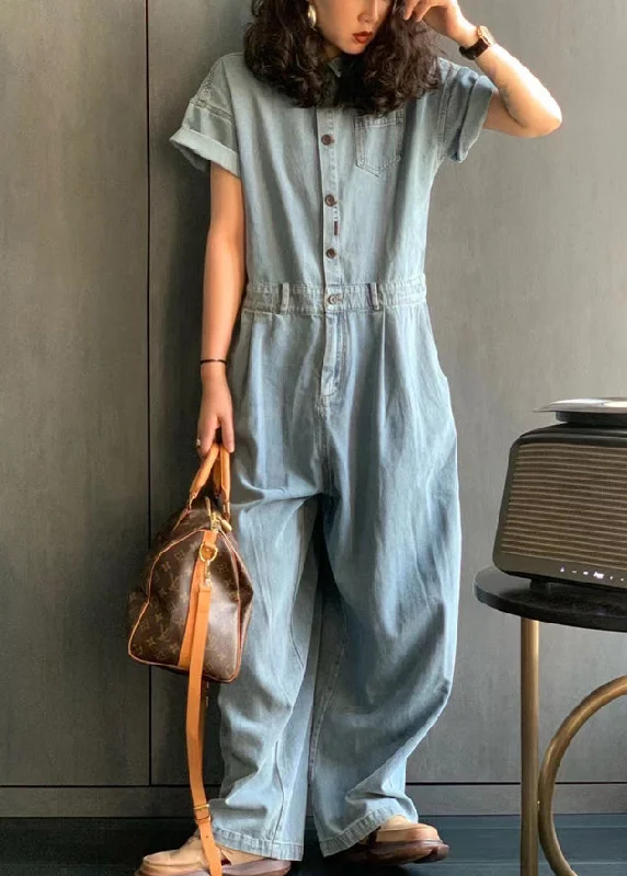 Discount Extravaganza New Light Blue Peter Pan Collar Button Pockets Denim Jumpsuit Summer MN077