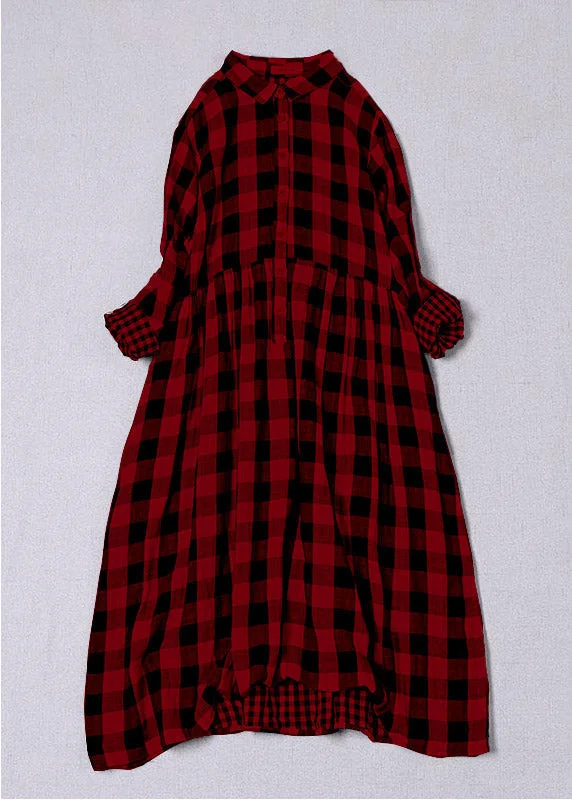 trendy mini dressBohemian Red White Plaid PeterPan Collar Pockets Button Fall Patchwork Dresses