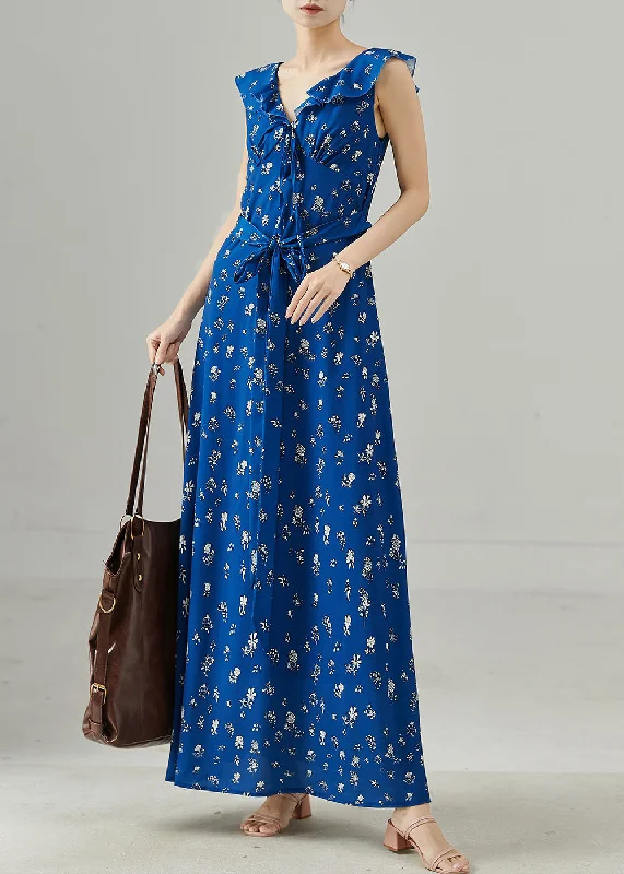 midi dressCasual Blue Tie Waist Print Chiffon Party Dress Sleeveless