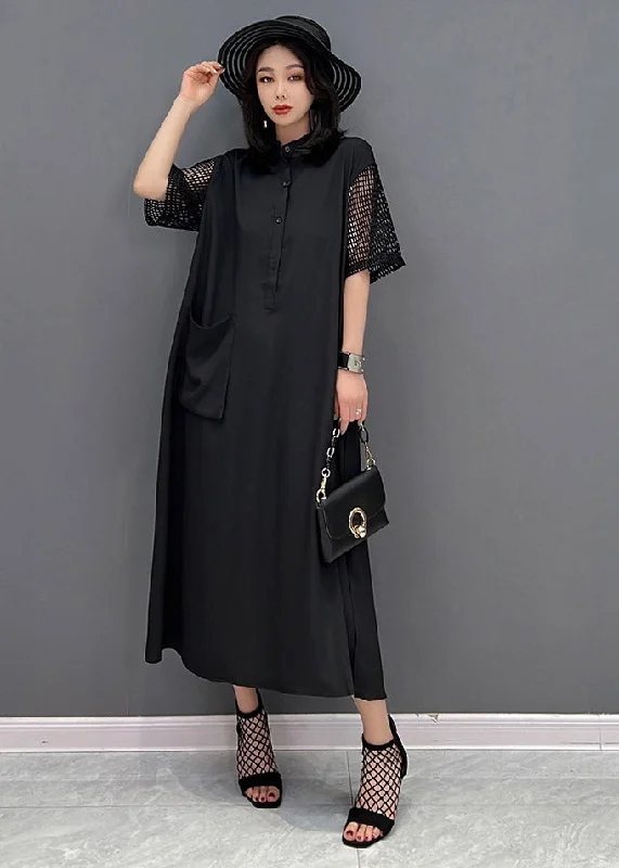 Price Drop trendy dressBoutique Black O-Neck Button Pockets Side Open Dress Short Sleeve