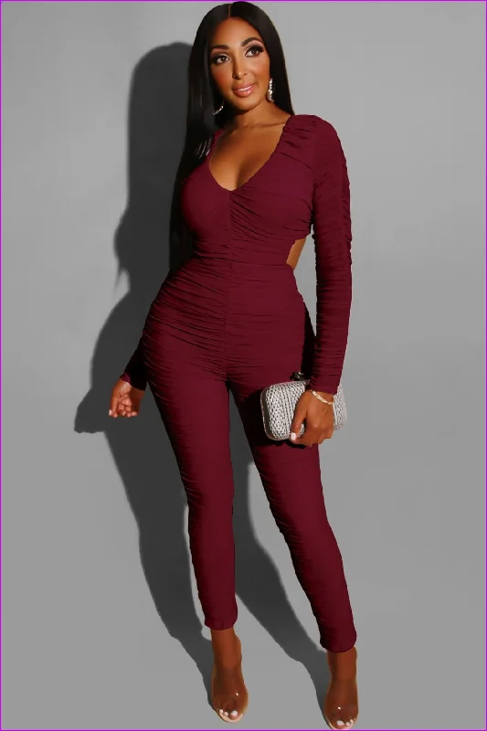 Anniversary Sale Solid Waist Cutout Pleated JumpsuitDE975
