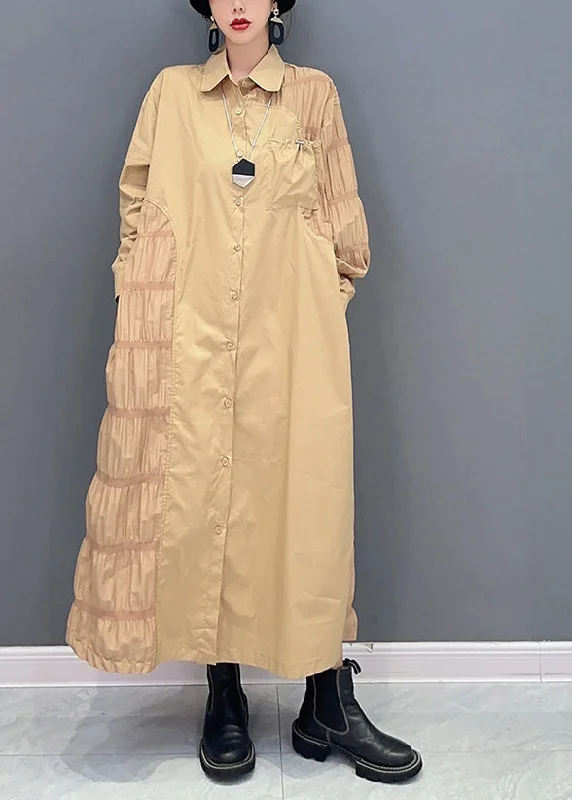 Major Savings textured dressFine Khaki Peter Pan Collar Patchwork Wrinkled Cotton Holiday Dress Spring