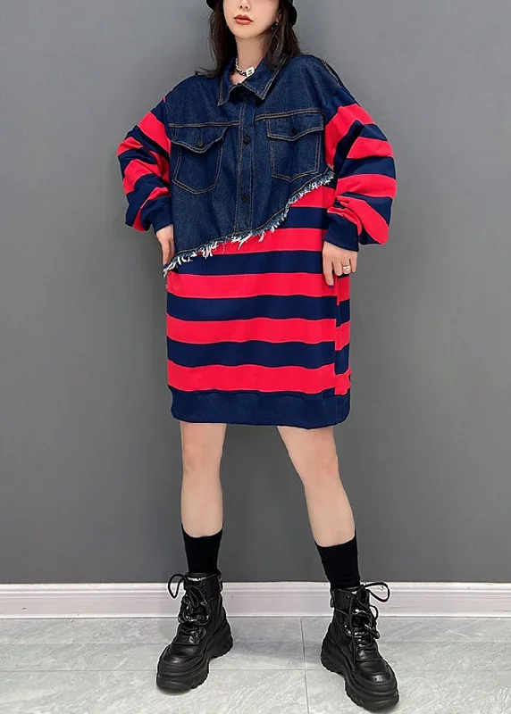 casual knit dressBoutique Red Striped Patchwork Denim Cotton Sweatshirts Dress Fall