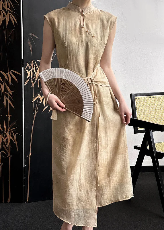 Quick Sale stylish party dressKhaki Drawstring Silk Cotton Long Dresses Stand Collar Sleeveless Quick Sale stylish party dressKhaki Drawstring Silk Cotton Long Dresses Stand Collar Sleeveless