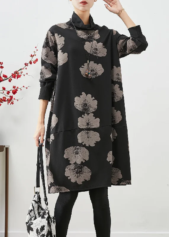 boho dressWomen Black Turtle Neck Print Cotton Dresses Fall