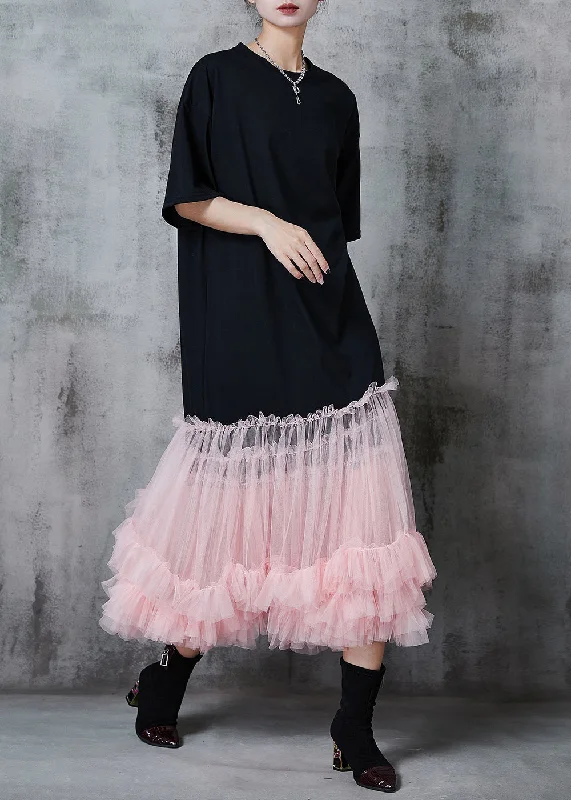 Buy Now sleek midi dressPink Patchwork Tulle Cotton Long Dress Oversized Summer
