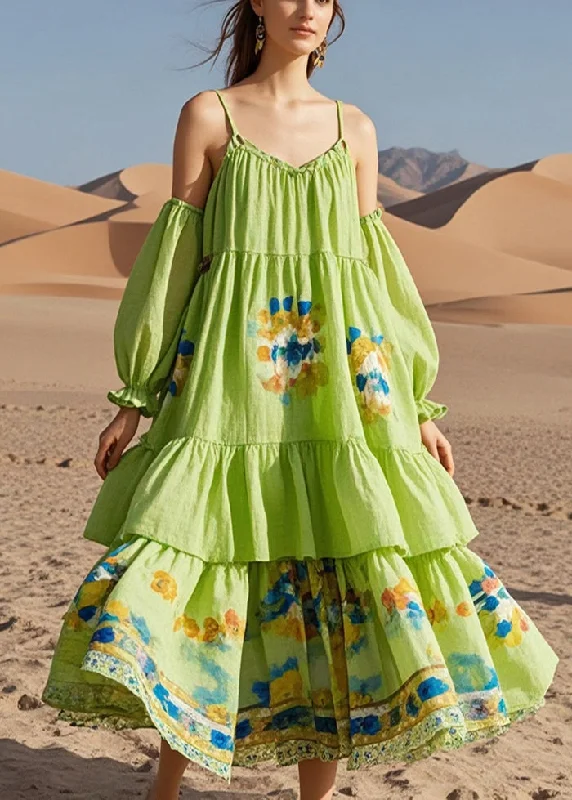 tiered dressFine Green Puff Sleeve Print Cotton Beach Dress Summer