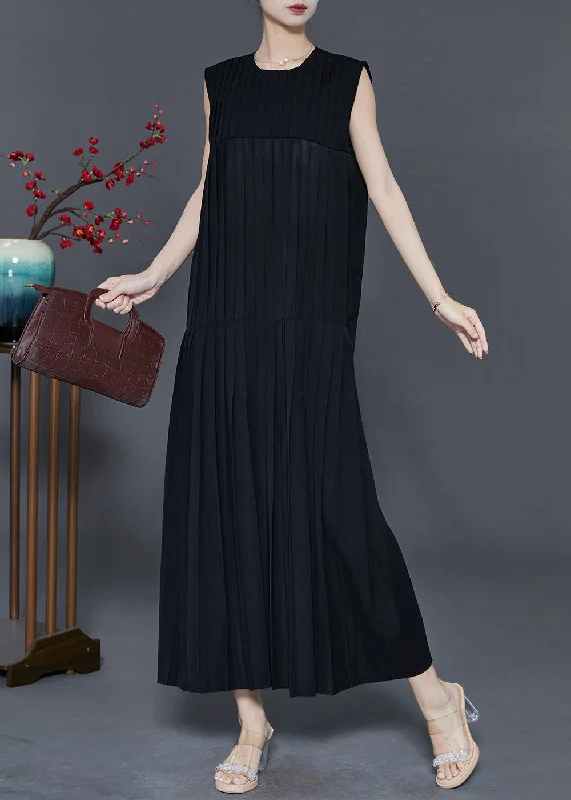 comfy maxi dressBlack Patchwork Cotton Long Dress Wrinkled Sleeveless