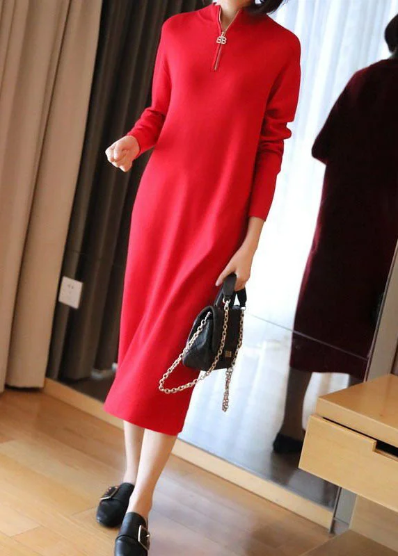 Hurry In fitted dressBoho Red Stand Collar Zip Up Knit Maxi Dresses Spring