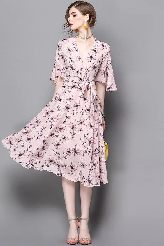 fitted cocktail dressV Neck Floral Chiffon Dress