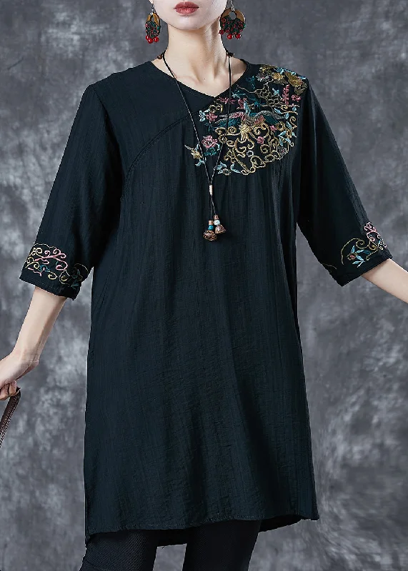 Weekend Special modern dressBlack Linen Mid Dresses Embroidered Half Sleeve
