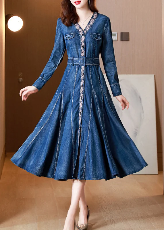 Super Savings sleek midi dressCasual Blue V Neck Print Button Sashes Silk Denim Maxi Dresses Long Sleeve