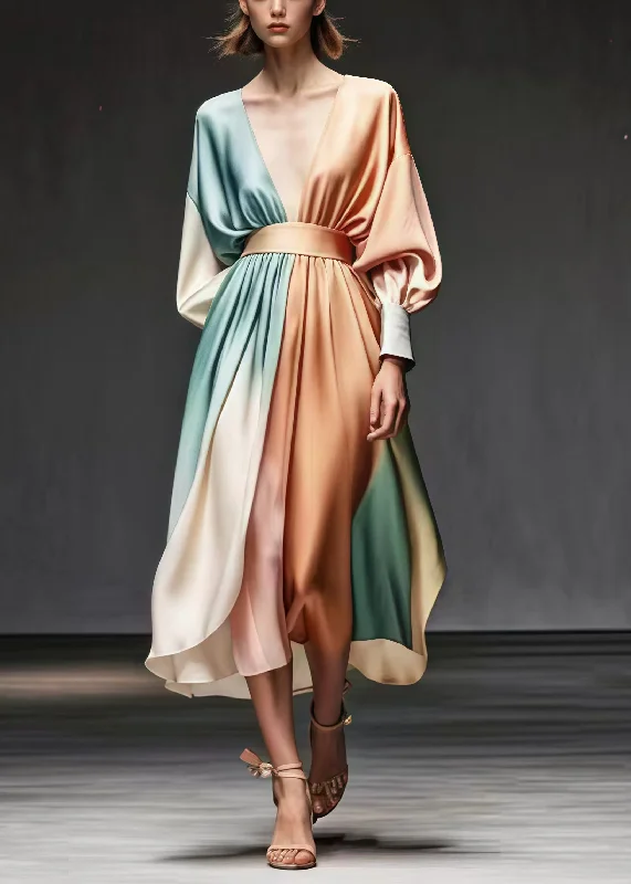 casual knit dressChampagne Patchwork Draping Silk Dress V Neck Exra Large Hem Spring