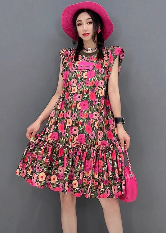 vintage-inspired dressUnique O-Neck Print Wrinkled Mid Dresses Short Sleeve