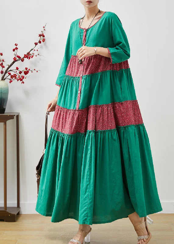 Mega Sale chic shift dressGreen Patchwork Cotton Holiday Dress Oversized Summer