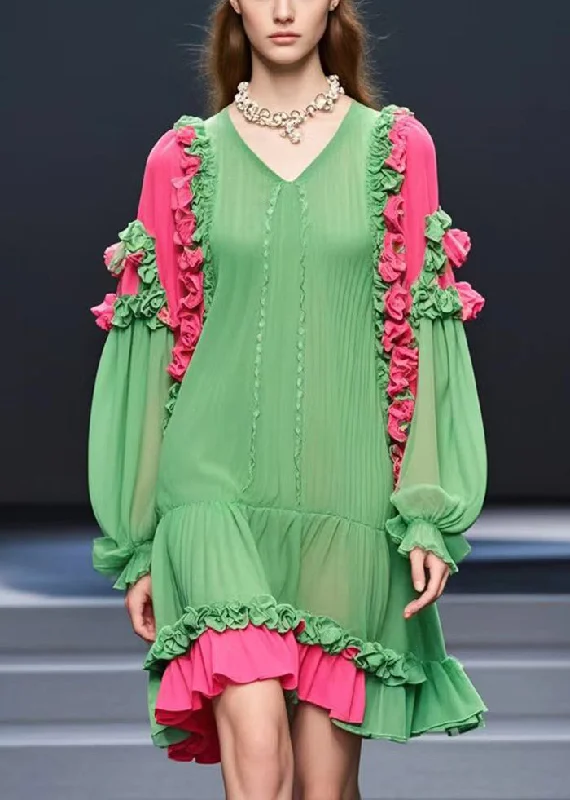 ashionable dressModern Grass Green Ruffled Floral Chiffon Tea Dresses Fall