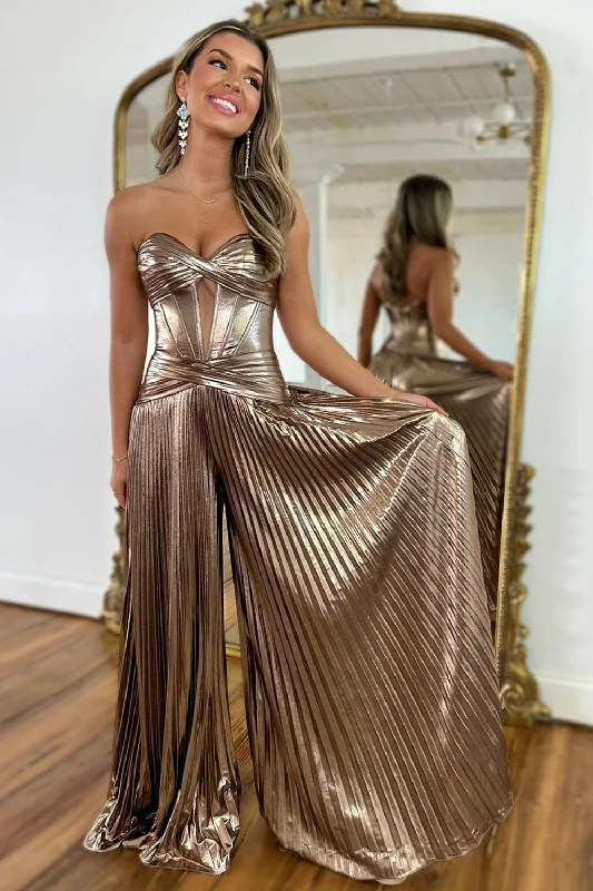 Markdowns Stylish Magenta Sweetheart Zipper Back Long Metallic Prom Jumpsuit