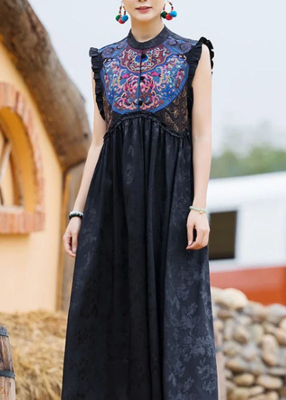 Price Rollback puff sleeve dressClassy Black O-Neck Embroideried Floral Wrinkled Button Dress Sleeveless