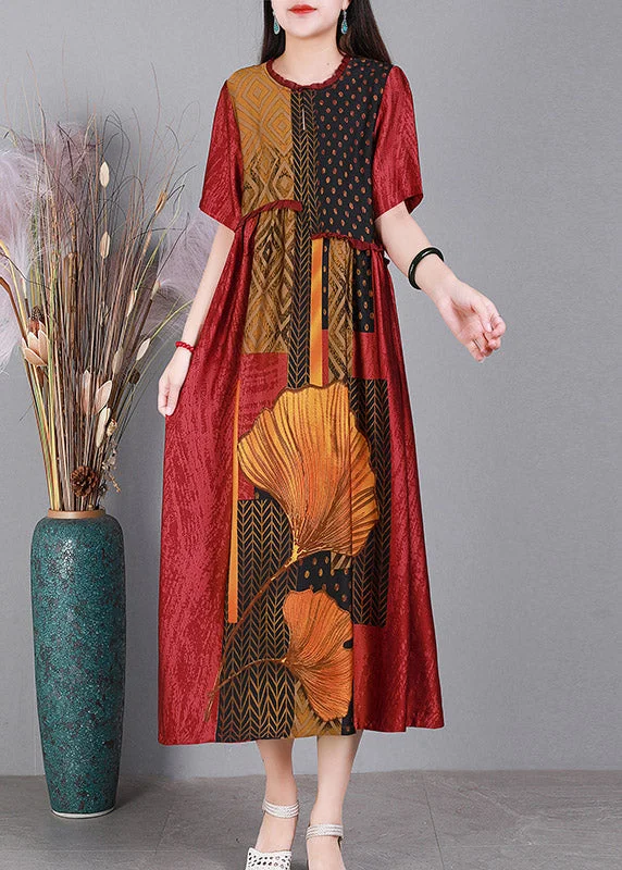 Shop and Save stylish dressRed Print Cinched Silk Long Dress Short Sleeve