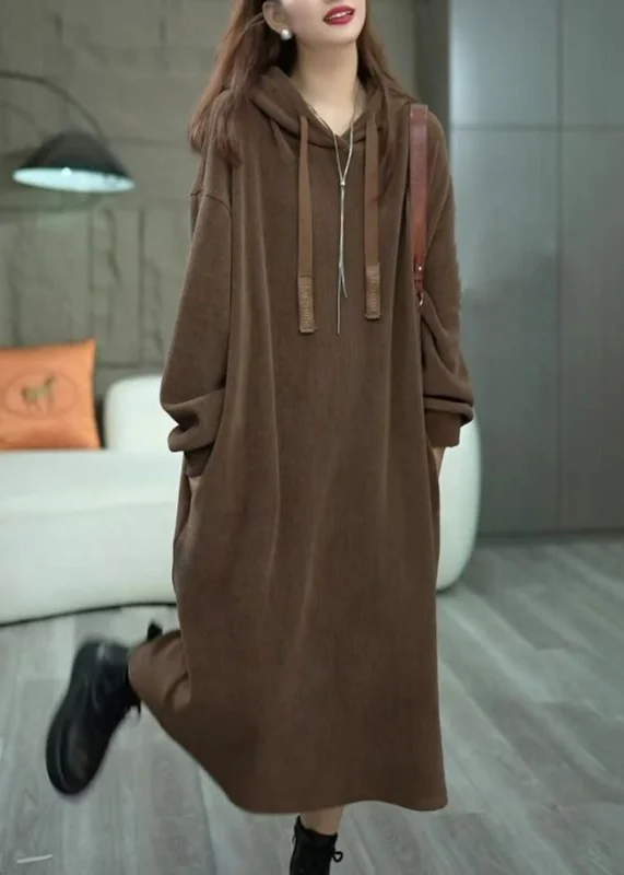 puff sleeve dressLoose Coffee Hooded Pockets Solid Long Dress Winter