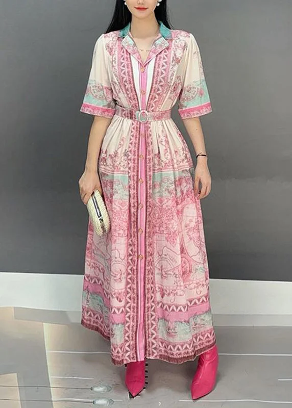 sleek midi dressCasual Pink Notched Print Tie Waist Long Dresses Short Sleeve