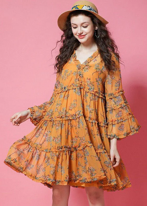 A-line dressYellow Print Chiffon Holiday Dresses Ruffled Lantern Sleeve