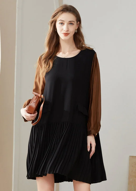 relaxed fit dressModern Colorblock O-Neck Oversized Patchwork Chiffon Pleated Dress Spring